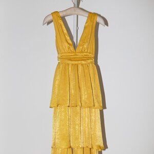 Lulu's Peak Party Vibe Mustard Yellow Satin Tiered Tie-Back Midi Dress Lulus